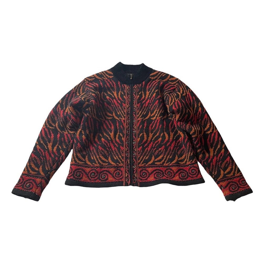 Vintage Icelandic Design Wool Blend Zip Up Lined Sweater Jacket Womens Black S